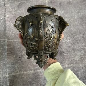 Vintage Antique 19th Century Meiji Japanese Bronze Urn Censer Floral Bird Vase